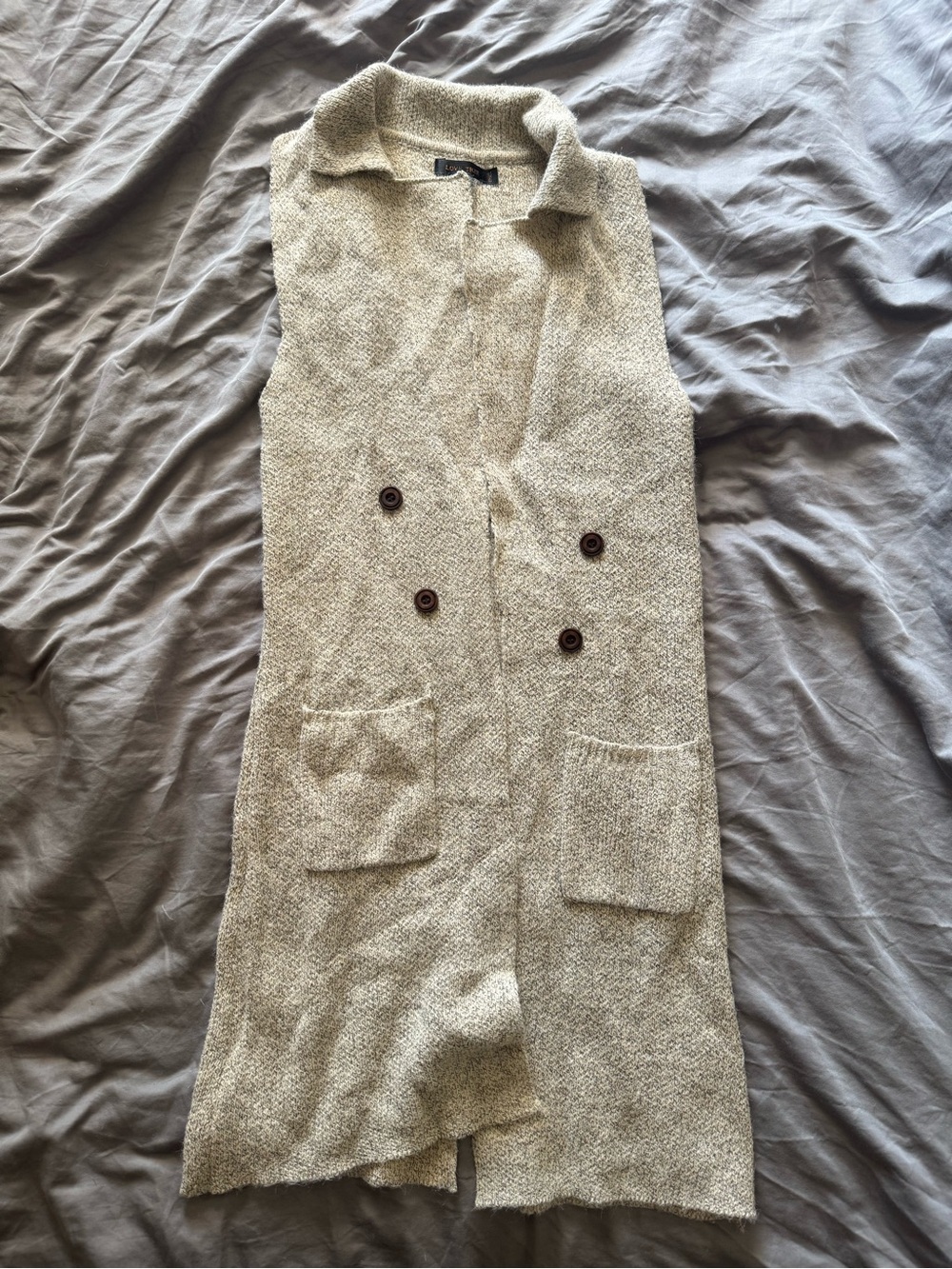 Love Tree Long Neutral Heathered Knit Sleeveless Button Cardigan Vest Small